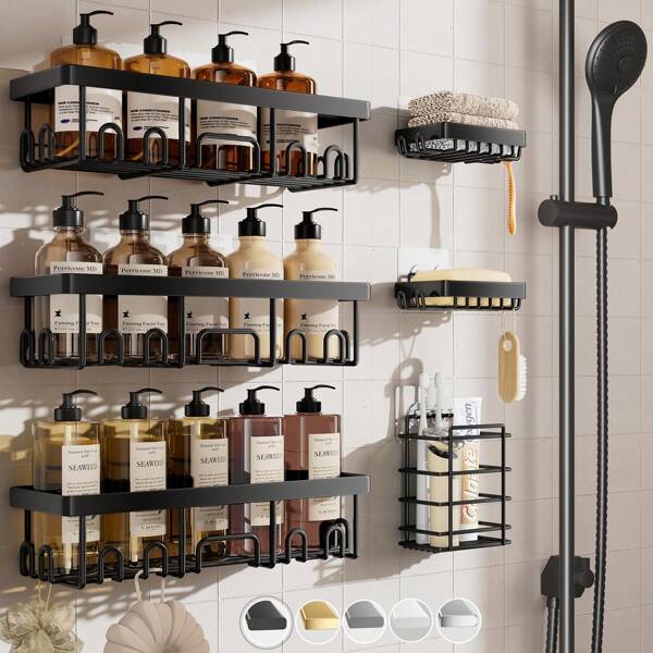 6 Pcs-Shower Caddy, Bathroom Shower Organizers, Black Shower Shelves For Inside Shower, Stainless Steel Wall Rack Baskets Adhesives Mounted Baskets, Bins & Containers Back To School