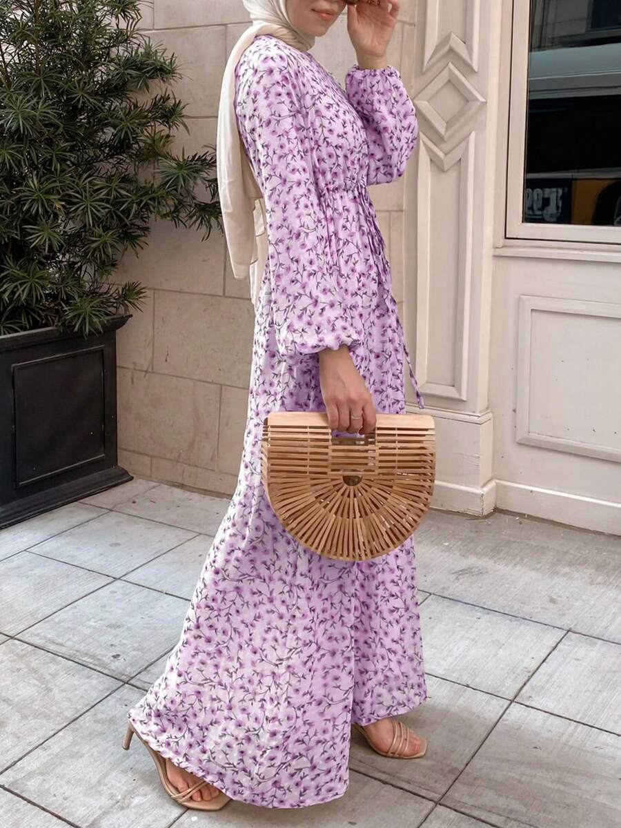 Đầm dài tay thường ngày phong cách Ả Rập thanh lịch in họa tiết toàn thân - Màu tím hoa cà - Xem 1