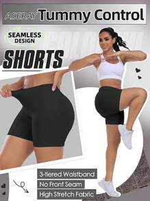 Conjunto de 3 Peças Shorts Esportivos Femininos, Cor Sólida, Shorts Elásticos de Cintura Alta com Controle da Barriga, Shorts de Treino, Shorts de Ciclista