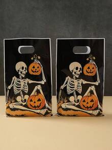 10/25/50Pcs Halloween Gift Bag,Pumpkin And Skeleton Pattern Gift Wrapping Bag With Black Base,Halloween Gift Packaging Bag,Halloween Candy Bag,Halloween Snack Food Storage Bag,Halloween Party Favor Bag,Tote Bag,Trick Or Treat Decoration For Halloween,Halloween Party Decorations,Happy Halloween Decor,Festival Home Gathering Favors,Holiday Party Supplies,Fall Decor