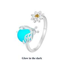 bamoer 1 PAR de anillos abiertos de plata de ley 925 con diseño de insecto y flor para mujer. Anillo de luciérnaga luminoso de ajuste cómodo y alto brillo, ajustable
