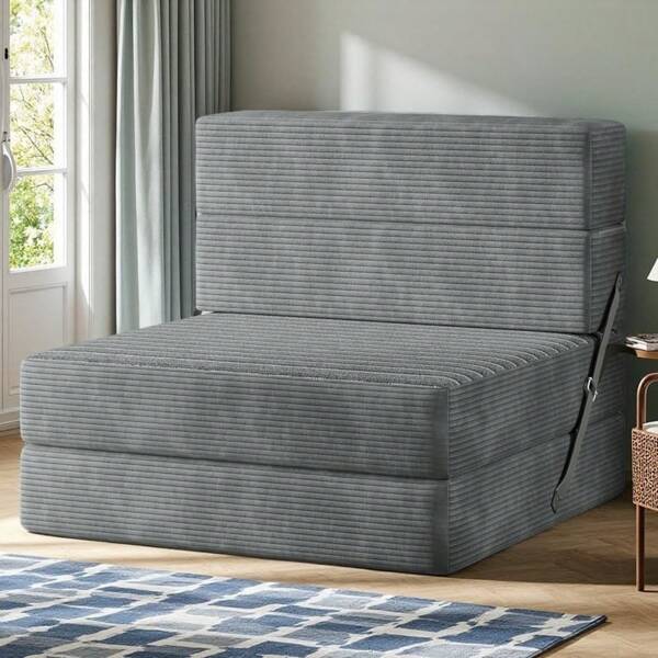 Convertible Folding Sofa Bed, Corduroy Fabric Fold Out Chair Bed, High-Density Memory Foam Floor Futon Couch For Living Room Bedroom Guest Use Apartment, Grey, Single Size