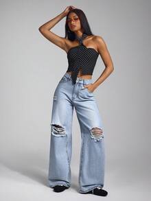 Jeanoix High Waist Slant Pocket Casual Ripped Wide Leg Jeans - Light Wash - View 6