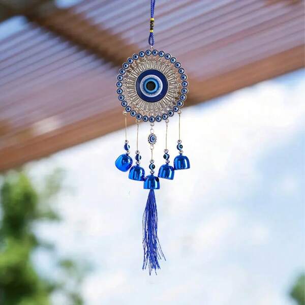 1 PIEZA Colgante de viento con ojo turco azul, borla, flor de girasol y amuleto de protección para decoración de pared, coche u hogar