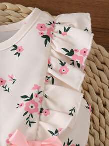 可爱女婴夏季漂亮婴儿夏季休闲无袖圆领荷叶边下摆蝴蝶结印花连衣裙，纽扣后背设计 - 白色 - 查看 4