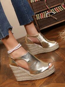 时尚按扣后跟麻绳装饰厚底休闲坡跟凉鞋