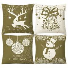 4 Stücke Weihnachts-Leinen bedruckte Kissenbezüge & Stuhlbezüge, geeignet für Wohnzimmer, Bett, Sofa Heimdekoration Kissenhüllen, weich & minimalistisch Sofakissenbezüge, Kissenfüllungen nicht enthalten