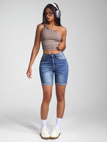 Jeanoix High Waist Slant Pocket Roll Up Hem Denim Shorts - Medium Wash - View 5