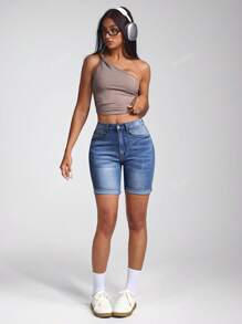 Jeanoix High Waist Slant Pocket Roll Up Hem Denim Shorts