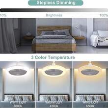 Ventilador de techo de 30 W con lámpara de iluminación, base convertidora E26 con control remoto para dormitorio, sala de estar, hogar, silencioso, 3 velocidades, 3 colores regulables - Blanco - Ver 2