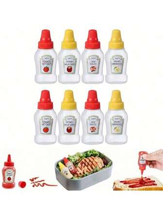4 piezas Mini botellas de condimento, botellas de plástico rellenables para salsa de ensalada, kétchup y especias