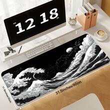 Extra Large Japanese Wave Gaming Mouse Pad - Non-Slip, Washable Rubber Base Desk Mat With Vibrant Black & White Great Wave Off Kanagawa Design, Ideal For Gamers & Professionals, Extra Long & Thick Table Pad, Nonslip Base, Fabric Top