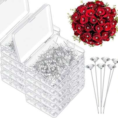 50PCS/100PCS/200PCS婚礼花束钻石装饰针/盒装钻石定位针，透明图钉，缝纫、裁剪和拼布定位针，花艺婚礼花束造型针/新娘发饰，闪亮装饰/适用于派对装饰，结婚周年纪念，生日派对，情人节，圣诞节等节日配饰，花店配件小工具