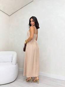 Long Dress Simple Elegant Casual Button Split Side Slit Women Wedding - 米色 - 查看 3