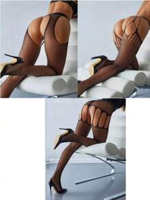 Sexy Lingerie Black Fishnet Lace-Up Waist-High Garter Tights Featuring Combined Medium And Small Mesh, Ideal For Daily Outings And Sexy Nights To Showcase Feminine Figure And Charm.