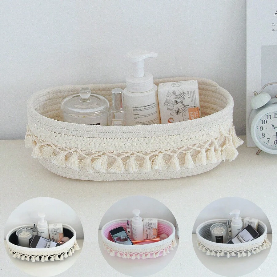 1 件矩形流苏风格手工编织绳收纳篮，田园风格桌面收纳篮，客厅装饰收纳篮