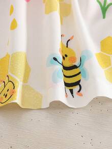 2pcs Baby Girl Summer Casual Bee Print Dress + Hat Set - Multicolor - View 5