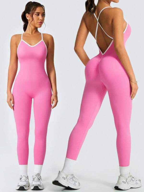 NcmRyu 1 Pc Solid Color High Elasticity Seamless Yoga Jumpsuit Tummy Control Slim Fit Sports Bodysuit For Bodybuilding Comfortable Breathable Fashionable Summer