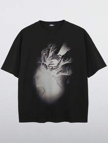 男士夏季手形图案黑色 T 恤 - 黑色 - 查看 1