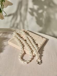 1件简约独特仿珍珠颈链，女士款，毛衣配饰，圣诞节冬季礼物 - 白色 - 查看 3