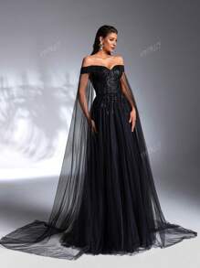 IBTRLY Elegant Black Off Shoulder V-Neck Mesh Full-Dress Formal Party Evening Dress