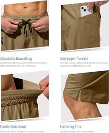 Men's Swim Trunks Quick Dry Board Shorts With Zipper Pockets Beach Shorts Bathing Suits Men - No Mesh Liner - Dark Khaki - 查看 4