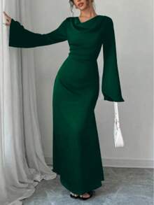 Women's Solid Color Flared Sleeve Elegant Arabic Style Dress Eid Spring - Dark Green - View 1