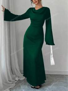 Women's Solid Color Draped Neck Flare Sleeve Elegant Arabic Style Dress