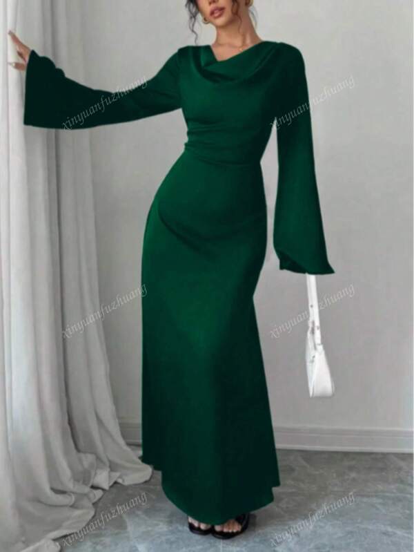 Women's Solid Color Draped Neck Flare Sleeve Elegant Arabic Style Dress