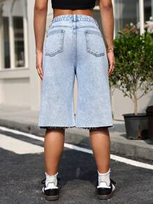 Damskie, casualowe, proste, jeansowe szorty do połowy uda z nadrukiem w płatki śniegu