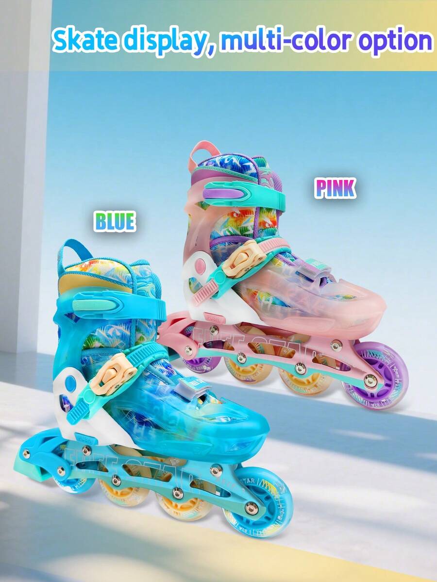 FREE STAR 1 Set Sports Style High-End Silhouette Adjustable Inline Skates, High Elasticity PU Colorful Shiny Inline Skates For Beginners Training, Complete Set With Helmet, Knee Pads, Elbow Pads, Palm Guards, And Comfortable Roller Skates For Men And Women, All Season Outdoor Inline Skates Set - Blue - View 1