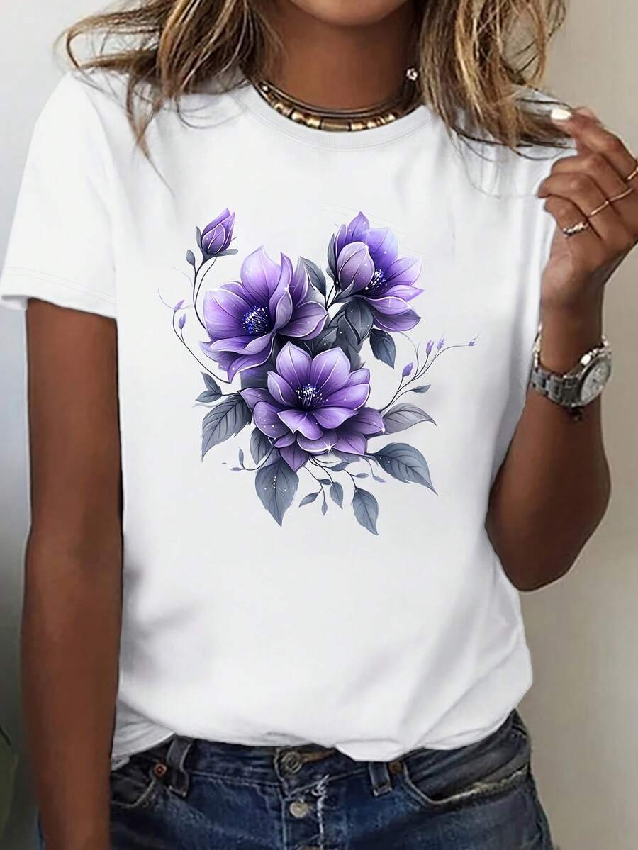 Magical Celestial Spring Garden (42) Cute  Women'S Graphic Tee Round Neck Short Sleeve Spring Summer Stylish Design- Women's Street Cute Casual T-Shirt[Mochi Cluster] - 白色 - 查看 1