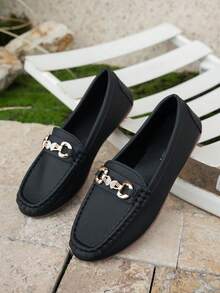 女士金属蝴蝶装饰平底乐福鞋，手工缝制圆头工作鞋，平底休闲防滑黑色莫卡辛鞋，适合春秋季 - 黑色 - 查看 4