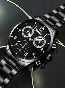 Conjunto de 4 relógios de pulso de quartzo masculinos da moda - colar com pingente estilo empresarial, pulseira, anel, relógio de aço inoxidável com visor analógico preciso, durável e confortável para uso casual e esportivo - presente ideal para ele