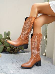 Women's All Season Fashion Embroidered Leather Cowboy Boots, Maillard Brown Pointed Toe Chunky Heel Knee High Boots, Chic Punk Style Chelsea Boots, Outdoor Casual Fashion Riding Boots