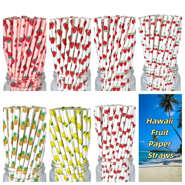 100 Pcs/Pack Hawaiian Fruit Design Disposable Paper Straws, For Cocktails/Coffee/Beverages, Suitable For Bubble Tea Shops/Cafes/Restaurants, Commercial Use