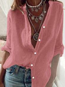 女士纯色单排扣宽松长袖休闲简约百搭薄纱衬衫