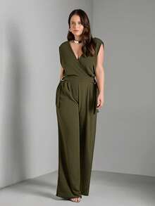 FASHION MIX PREMIUM Elegant Long Jumpsuit Tailored With Detail At The Waist And V-Neckline Plus Size Women's Fits 46 To 50 - 軍綠色 - 查看 6