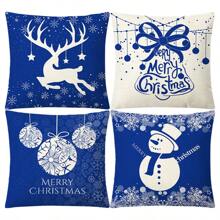 4 Stücke Weihnachts-Leinen bedruckte Kissenbezüge & Stuhlbezüge, geeignet für Wohnzimmer, Bett, Sofa Heimdekoration Kissenhüllen, weich & minimalistisch Sofakissenbezüge, Kissenfüllungen nicht enthalten