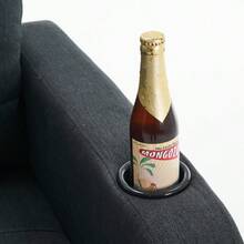 Juego de sillón tapizado en gris oscuro y otomana de almacenamiento - Sofá individual cómodo con portavasos y detalles acolchados, ideal para sala de estar o dormitorio - Gris oscuro + metal + espuma - Ver 8