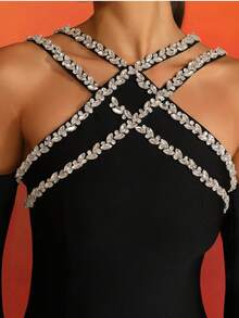 Love Aing Sophisticated Elegant European & American Style Long Sleeve Dress With Diamond-Studded Asymmetrical Mesh Splice And Lace Design - Black - View 10