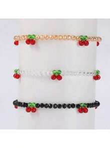 3pcs/Set Colorful Glass Beaded Cherry Blossom Elastic Bracelets, Crystal Cherry Bracelet Set