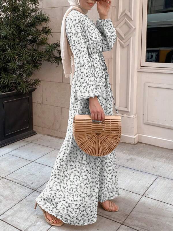 Vestido informal de manga larga de estilo árabe elegante y de moda con estampado completo