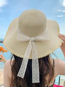 1 件女士春夏季宽边海滩防晒草帽度假帽 - 米色 - 查看 1
