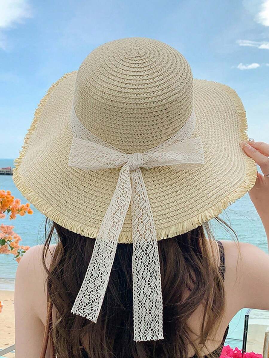 1 件女士春夏季宽边海滩防晒草帽度假帽 - 米色 - 查看 1