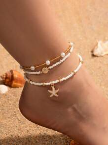 3 Stücke/Set Boho-Stil Seestern Muschel Hirse Perlen Knöchelkette Set