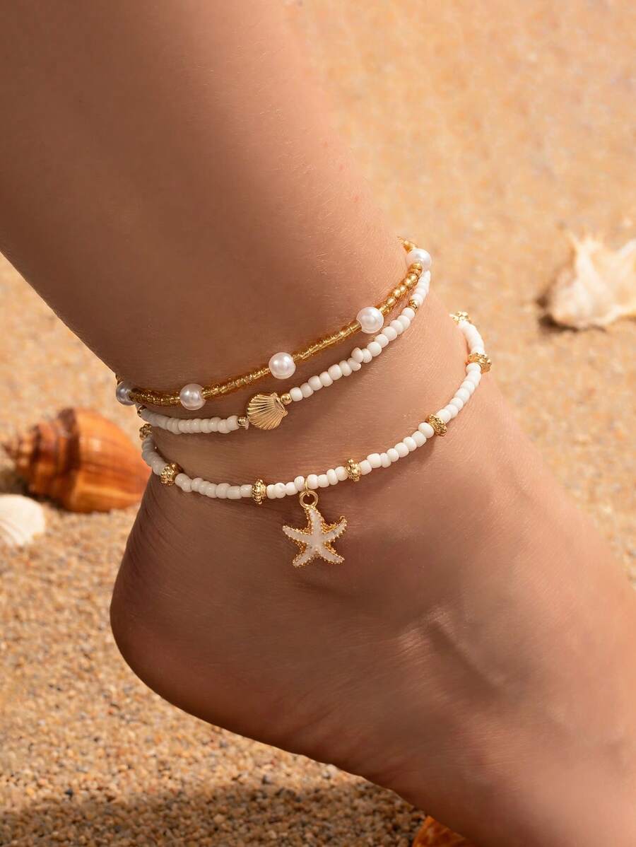 3 Stücke/Set Boho-Stil Seestern Muschel Hirse Perlen Knöchelkette Set
