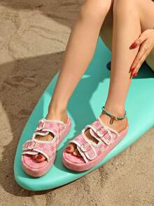 Women's Round Toe Thick Bottom Presbyopia Fashionable Candy Color Open Toe Increased Height Versatile Beach Slippers - Pink - View 5