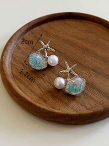 Pendientes con estrella de mar degradada, perlas y gemas, adecuados para uso diario y vacaciones de verano, gran regalo para amigos