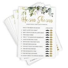 10/20/30/50 Stücke bedrucktes Partyspiel für Bridal-Shower - Er sagte, sie sagte Spiel mit lustigen Braut und Bräutigam Trivia, Aktivität für Hochzeitsdusche, botanisches Eukalyptus-Thema